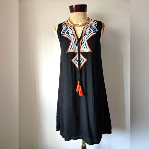 THML Bohemian Black Sleeveless Dress with Embroidered V Neck. Size Small - Picture 1 of 9